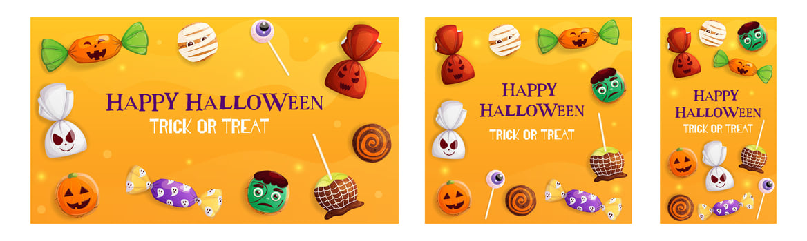 Halloween stories, banner, post template set. Trick or treat party concept collection. Scary sweet candy, cookies, lollipop illustration vector
