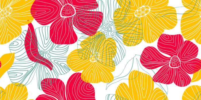 a colorful pattern with red, yellow and orange flowers vector