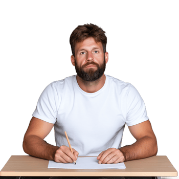 Bearded man in white t-shirt writing on paper at a desk on a transparent background png