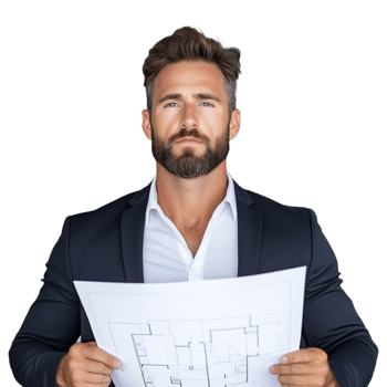 Bearded man in business suit holding architectural blueprints and looking serious on a transparent background png
