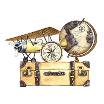 An aerial vintage trip. Vintage retro airplane, compass, suitcase and globe. The illustration is made by hand in watercolor. For postcards, banners, stickers and prints. png