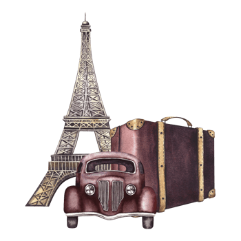 Vintage trip to Paris. A retro car, an Eiffel Tower and a retro suitcase. A watercolor illustration made by hand. For printing, stickers, greeting and invitation cards, posters and flyers. png