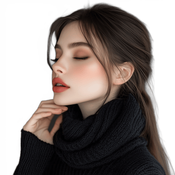 Profile view of a young woman with dark hair in a black turtleneck sweater, isolated on a transparent background png