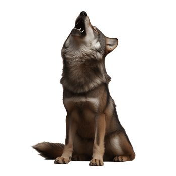 Brown wolf sitting with its head raised howling, isolated on a transparent background png