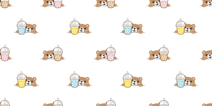bear polar seamless pattern boba tea bubble milk tea drink cartoon pastel teddy tile background gift wrapping paper repeat wallpaper scarf isolated doodle illustration design vector