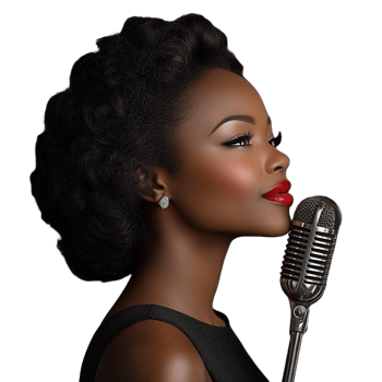 Woman singing into a retro microphone with a glamorous look on a transparent background png