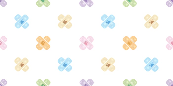 dog paw seamless pattern medical plaster footprint bone french bulldog puppy pet toy breed cartoon doodle gift wrapping paper repeat wallpaper tile background illustration isolated vector