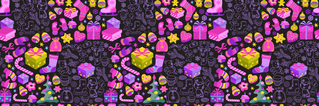 Christmas seamless pattern with decorations and toys. Doodle endless illutration. vector