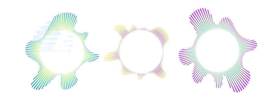 A set of multicolored circular sound waves. Sound lines, radial spectrum, sound equalizers. Circular geometric wavy frame. radial spectrum. Neon audio lines clipart audio lines. vector
