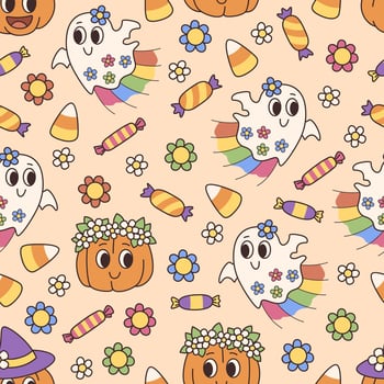 Groovy hippie Halloween seamless pattern with pumpkins, ghosts and candies. Cute and cheerful retro background. Candies and flowers. vector