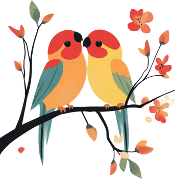 Two birds are sitting on a branch with flowers png