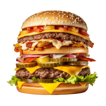 a large hamburger with lettuce, tomato, cheese and pickles png