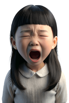Illustration style 3d render of asian girl with black hair, wearing a white collared shirt, is crying with her mouth wide open png