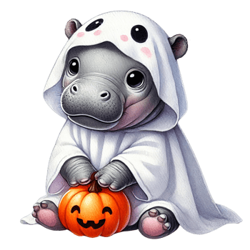 Cute baby hippo in a ghost costume holding a pumpkin png