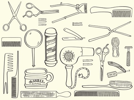 Barber Shop Doodles Hand Drawn Beauty salon Hairdresser Tools Black Outline vector