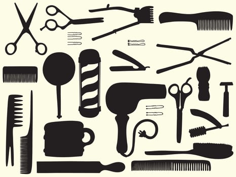 Barber Shop Doodles Hand Drawn Beauty salon Hairdresser Tools Black Silhouette vector