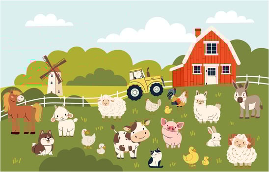 Set of flat illustration on white background. Domestic farm animals. Cow pig lamb sheep sheep horse dog cat goose duck hen rooster goat. Farm landscape vector