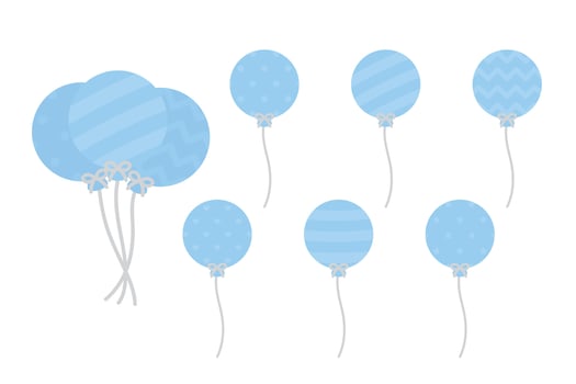 Set of cute pastel blue patterned balloons illustration. Baby and kids party decoration. vector