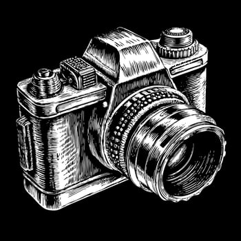 Detailed Black and White Illustration of a Classic Vintage Camera on Black Background vector