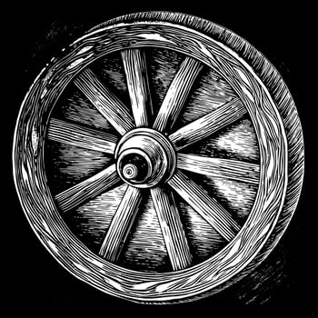 Vintage Engraved Wood Wagon Wheel on Black Background Rustic, Detailed, Monochrome Artwork vector