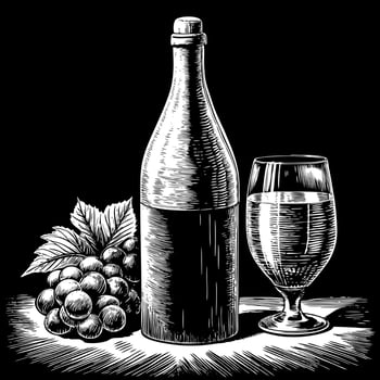 Vintage Wine Bottle and Glass with Grapes Sketch Black and White Illustration vector