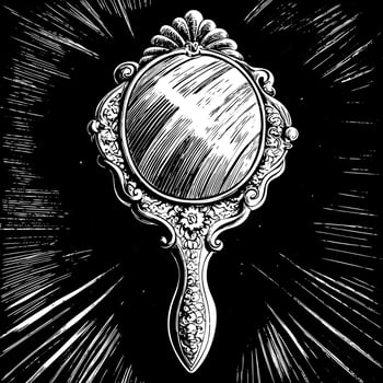 Ornate Vintage Hand Mirror Illustration in Black and White with Decorative Detailing vector