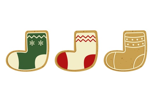 Christmas, ginger cookies. Traditional holiday baked goods. Three gift socks on white background. vector