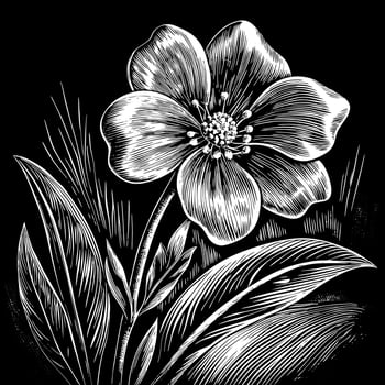 Stunning Black and White Botanical Illustration of a Flower with Leaves on Dark Background vector