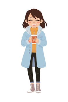 Cute girl holding a warm tea coffee. Cozy winter. Simple illustration, isolated white background. vector