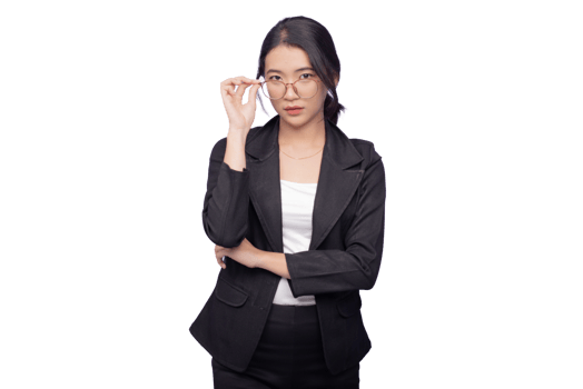 A woman in a business suit wearing glasses looking at camera png