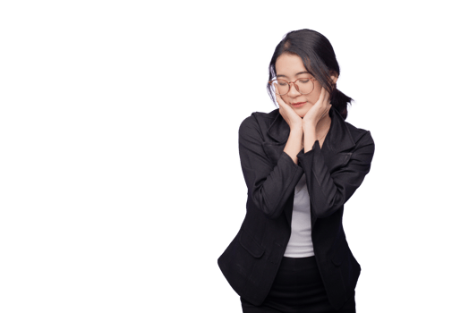 A woman in a business suit is holding her face png