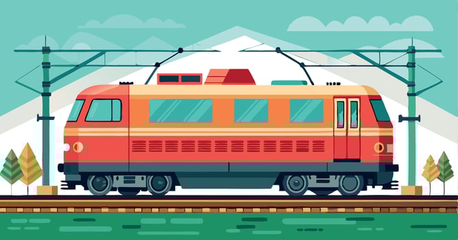 Red electric passenger train arriving at station near mountains vector