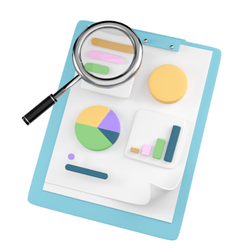 3d charts,graph with analysis business financial data, white clipboard checklist, magnifying isolated. business strategy concept, 3d illustration render png