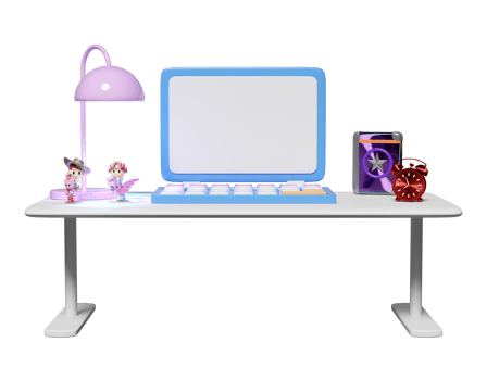 3d desk in office with laptop computer, textbook, book, toy, alarm clock, lantern isolated. 3d render illustration png