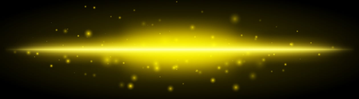 Horizontal yellow light effect isolated on dark background. Bright glowing beam with sparkles and lens flare. Graphical patch of reflected light. Abstract rays. illustration. vector