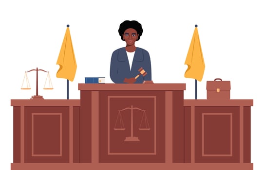 Judge with hammer. African American Woman in black robe with gavel. Jurisprudence, justice and law. Legal and sentencing. Judgement concept. illustration. vector