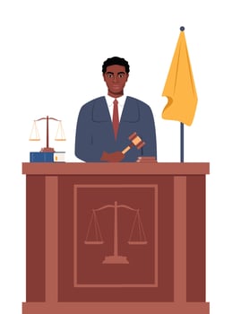 Judge with hammer. African American Man in black robe with gavel. Jurisprudence, justice and law. Legal and sentencing. Judgement concept. illustration. vector