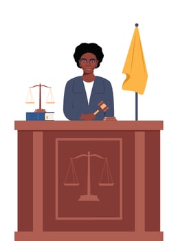 Judge with hammer. African American Woman in black robe with gavel. Jurisprudence, justice and law. Legal and sentencing. Judgement concept. illustration. vector