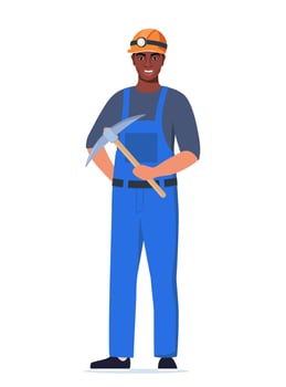 Miner African American man character, coal or minerals mining, Worker in uniform with pickaxe stands tall. Extraction Industry Profession Working. Illustration. vector