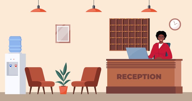 Hotel reception with computer and black woman receptionist, flower in pot, clocks on wall. Modern Inn foyer, hall or lobby. Tourism, business trip concept. illustration. vector