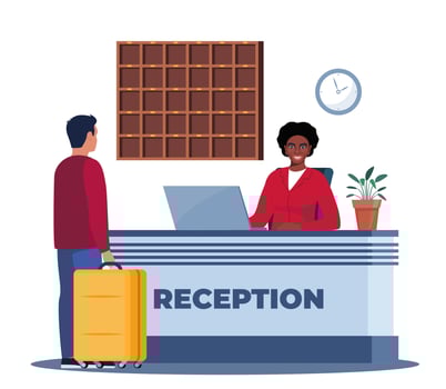 Hotel lobby, reception. Black woman receptionist behind the desk, guest with baggage checking in. Hotel Arriving. Tourism, business trip concept. Interior of inn. illustration. vector
