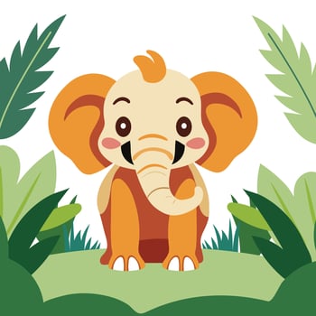 Cute Cartoon Elephant Baby Character on Nature Background. vector