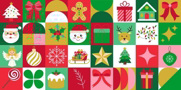 A colorful Christmas-themed image with various decorations such as a Santa hat, a reindeer, and a Christmas tree vector