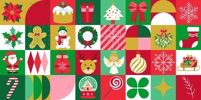 A colorful Christmas-themed image with various decorations such as gingerbread men, snowflakes, and Santa Claus vector