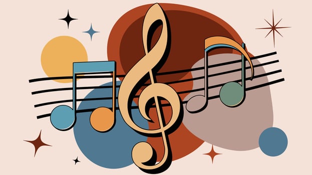 A musical note and treble clef on a beige background vector