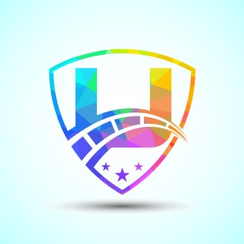 Low poly alphabet U with speedometer and shield sign. The automotive logo design concept vector