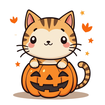 cat is sitting inside a carved pumpkin with a smiling face. cutouts png
