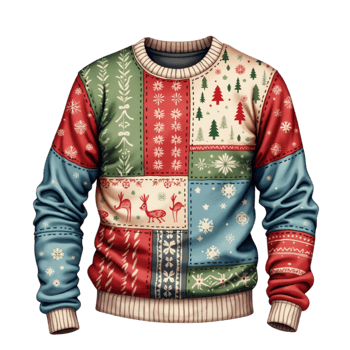A sweater with a patchwork Christmas cutouts png