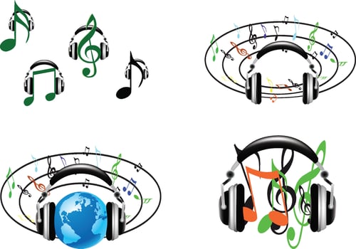 Headphones playing music notes around globe and musical symbols vector