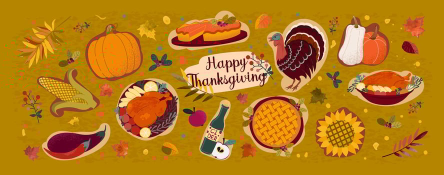 Happy thanksgiving. Festive banner with harvest symbols and traditional dishes. vector